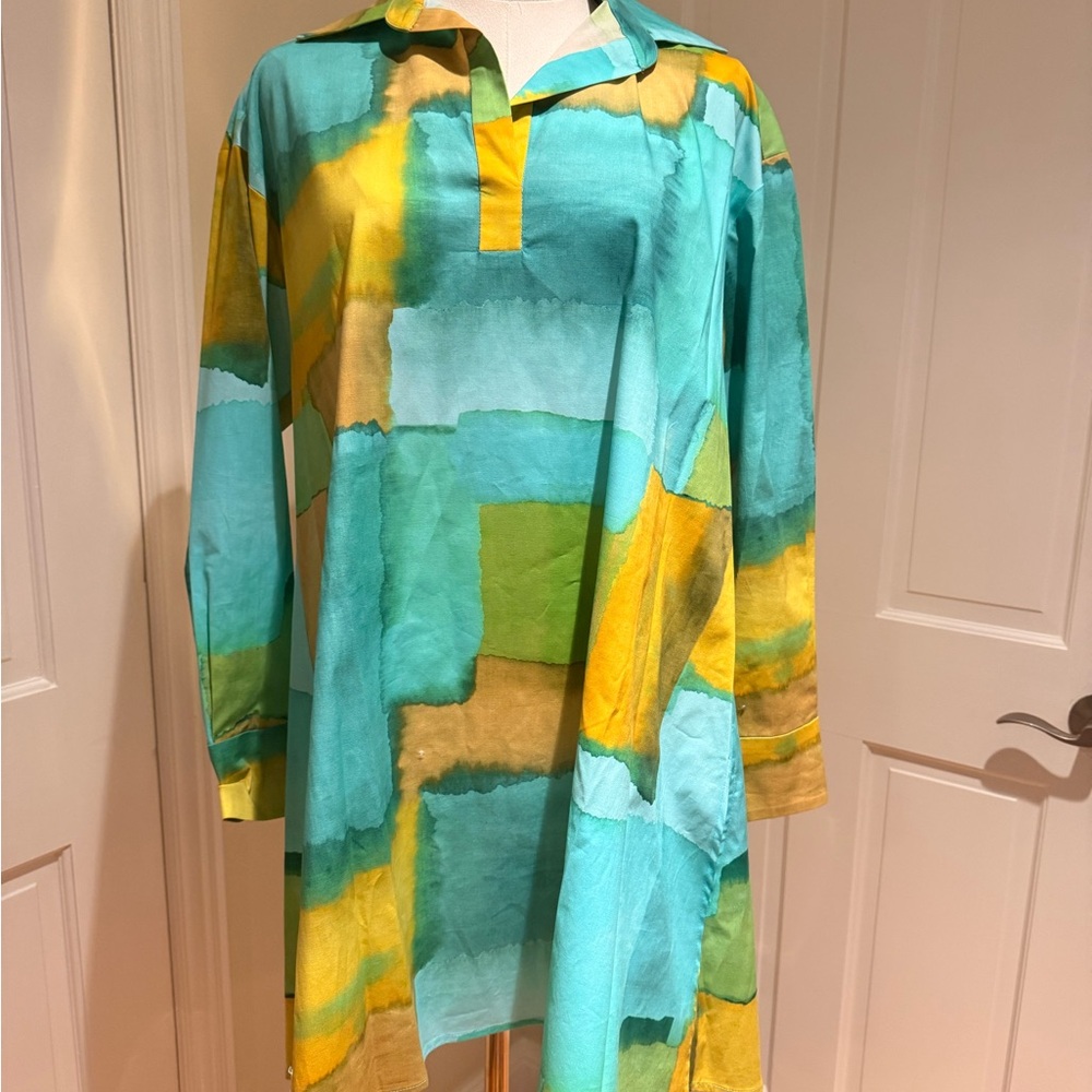 Natori Teal and Yellow Abstract Dress